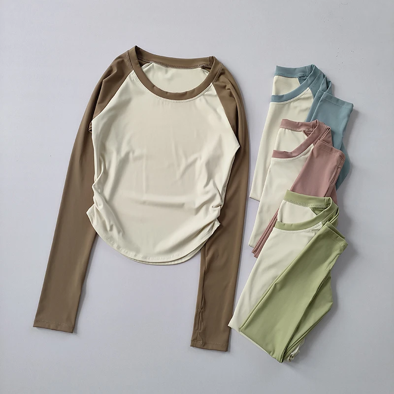 Contrast Splice Sports T-shirt Women's Autumn Crop Top Long Sleeve Fitness Clothing Fast Running Training Slim Yoga Fashion