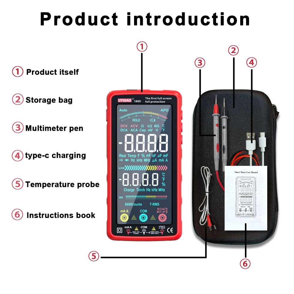 USB Rechargeable Smart Multimeter 6000 Counts TRMS Touch Screen Voltage Current Resistance NCV Measurement Electrical Instrument