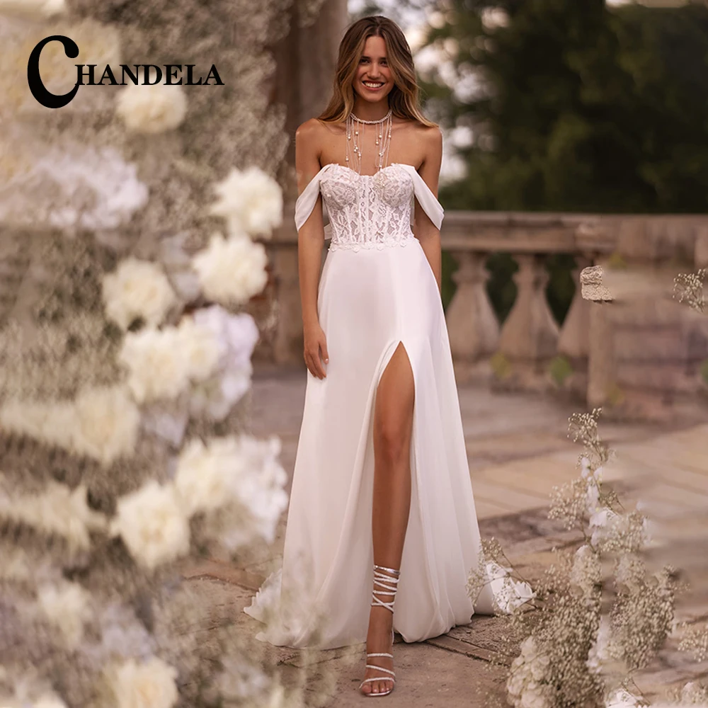 

CHANDELA Charming Off The Shoulder Wedding Dresses A Line High Slit Sweetheart Chiffon Appliques Lace Corset Abito Da Sposa