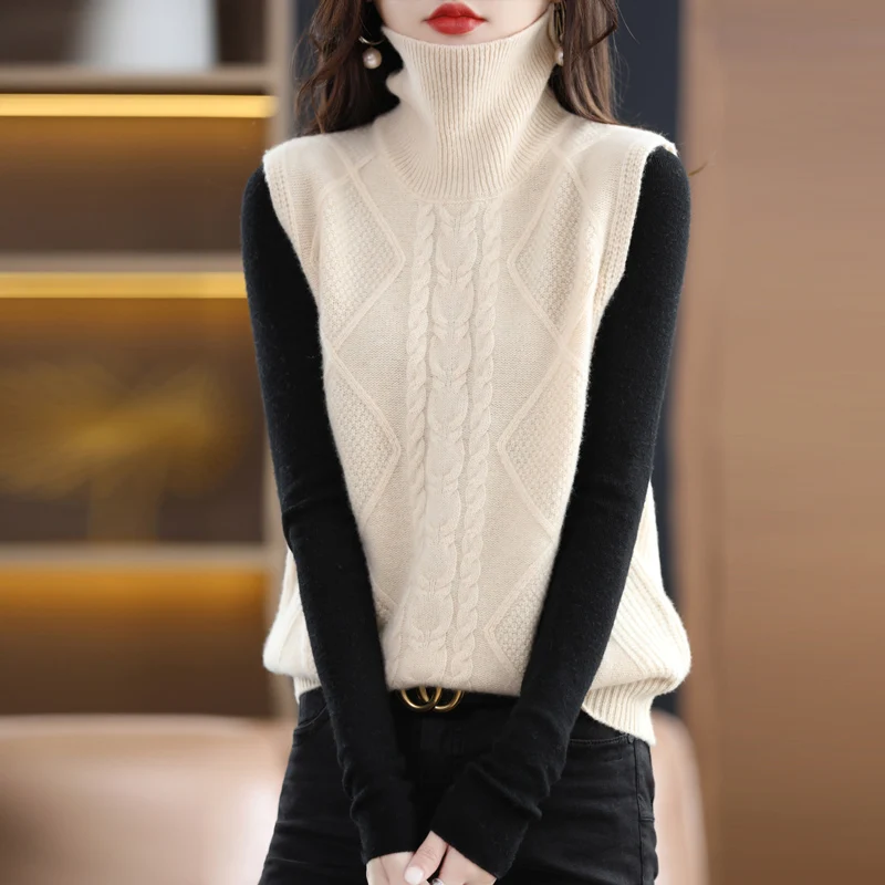 

100 Pure Wool Sweater Women's High Collar Sleeveless Vintage Vest 2023 Autumn And Winter New Style Simple Fashion Versatile Wear