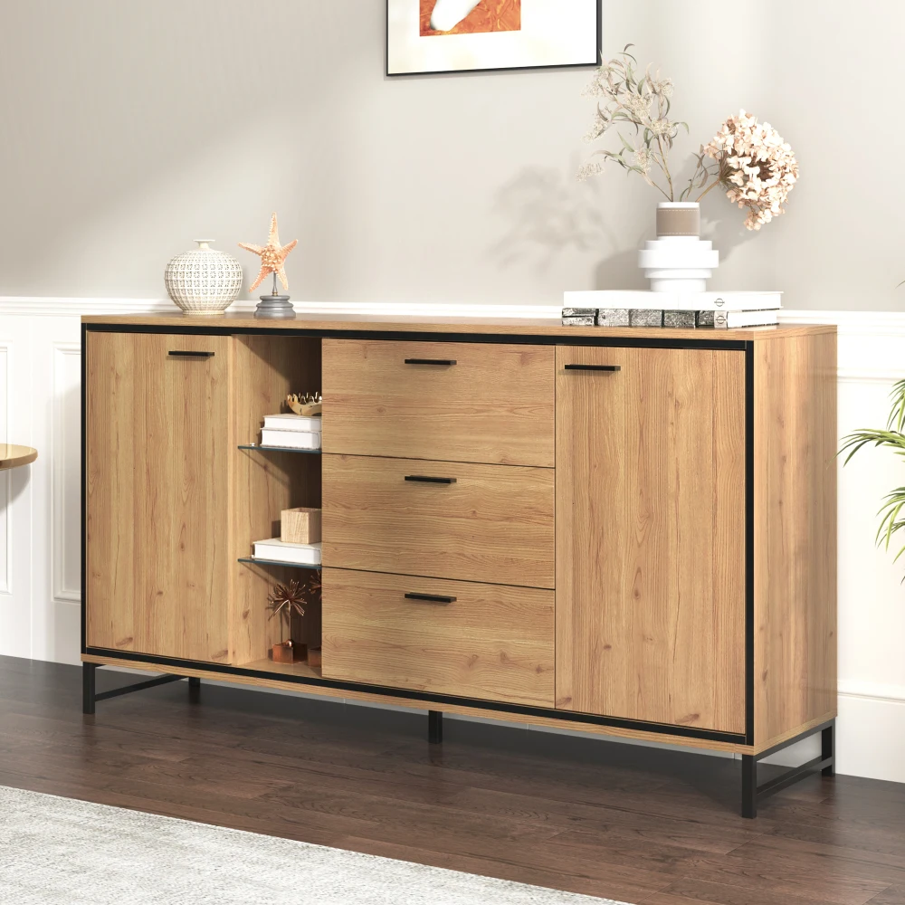 PINGGO Modern Wooden Side Cabinet with Three Drawers - Elegant Carved Storage Console - Stylish And Practical Home Furniture