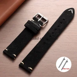 Genuine Leather Quick Release Watch Band with Soft Suede Strap - Calfskin Bracelet - 20mm (Black)