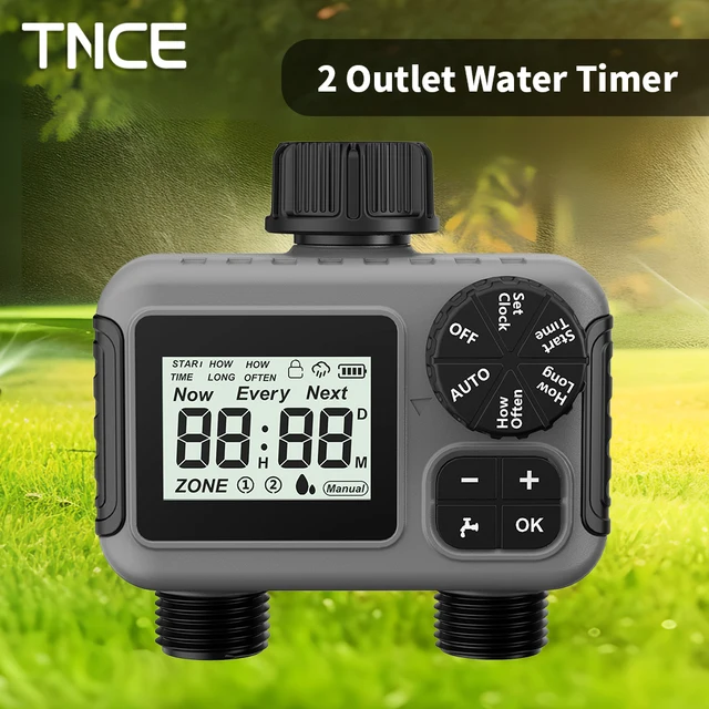 TNCE 1/2 outlet Irrigation Sprinkler Timer IPX5 Rain delay Programmable Water Valve Controller Garden Lawn Yard Drip Soil tester 1
