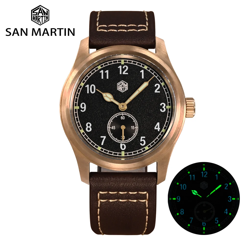 San Martin 37mm Bronze Pilot RONDA 6004 Men Watch Vintage Military Simple Fashion Style Quartz Clock Leather 10 Bar Relojes 1
