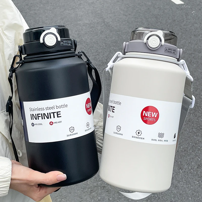 1개 2000ml 대용량 스테인리스 보온병, 손잡이와 빨대가 있는 단열 물병, 누수 방지 스포츠 물병