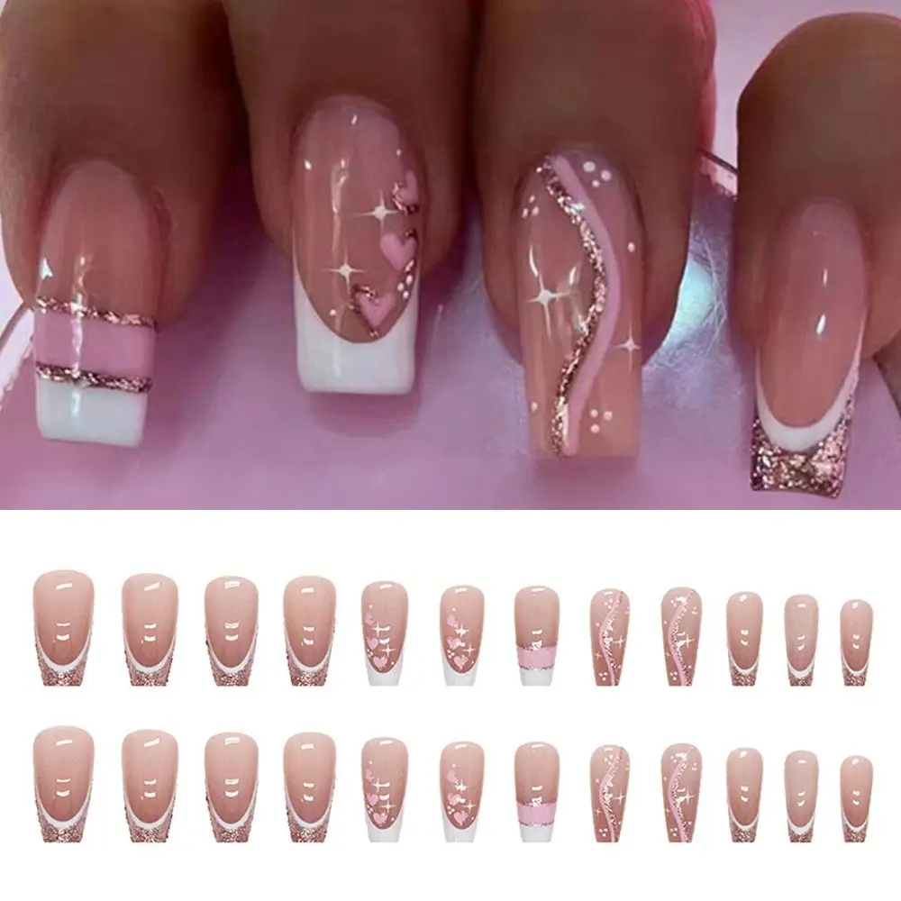 

24pcs Manicure DIY Press on Nails Full Cover Ballerina Long French Fake Nails Pink Love Heart