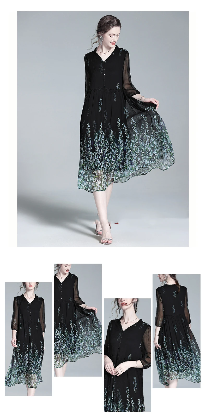 Floral printing silk style dress showcasing the A-line silhouette and 3/4 sleeves.