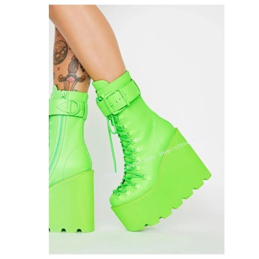 

Green Lace Up Wedge Platform Boots Buckle Strap Mid Calf Fashionable Sexy Winter Casual Big Size Woman Shoes Zapatillas Mujer