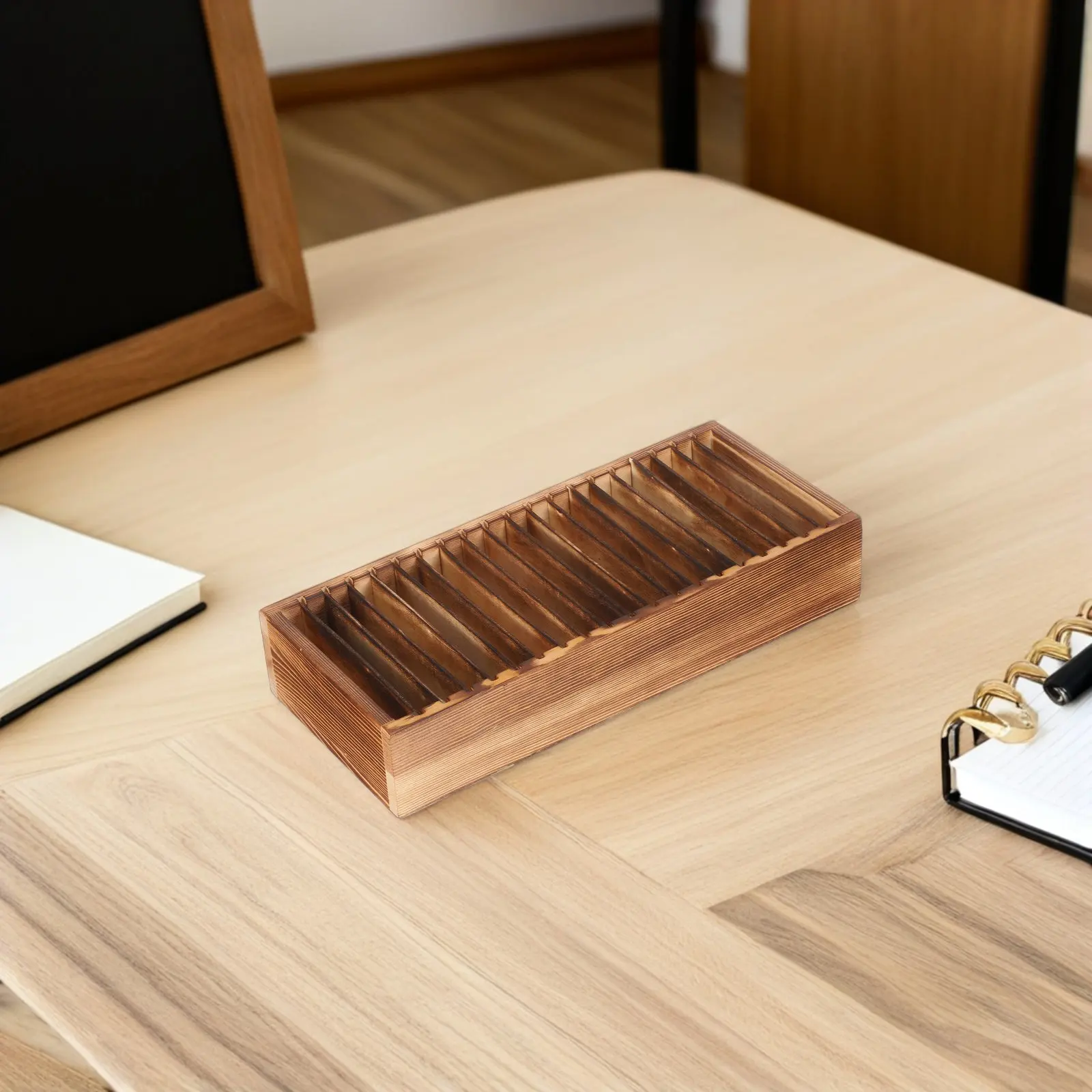 Solid Wood Business Card Organizer Box Desktop Card HolderRemovable Dividers for Office Home  Portable Minimalist