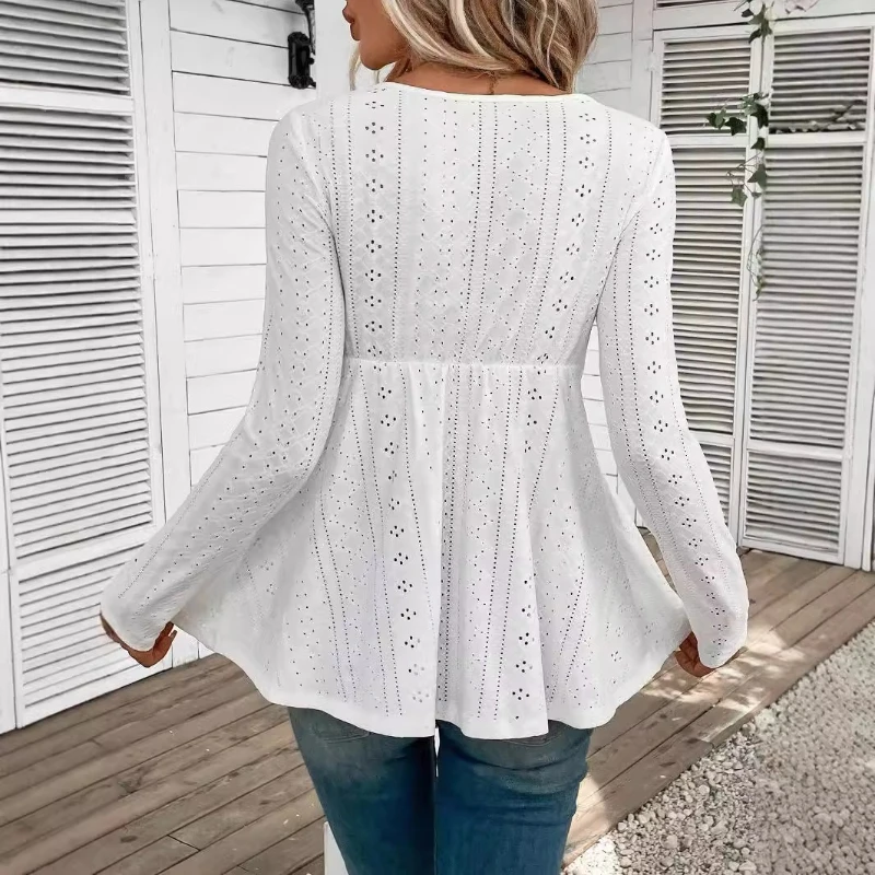 New Spring and Autumn 2026 Fashion Women's V-Neck Lace Shirt Elegant Embroidery Fashion White Long Sleeve T-Shirt Slim Blouse
