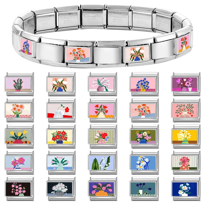 Art Design Colorful Flowers 9mm Stainless Steel Bracelet