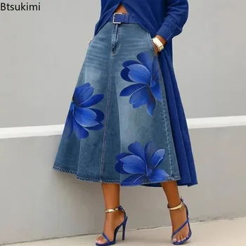 2026 Women's Streetwear Floral Print Denim Midi Skirt High Waist A-Line Casual Swing Trendy Plus Size Flared Jean Skirts Dress