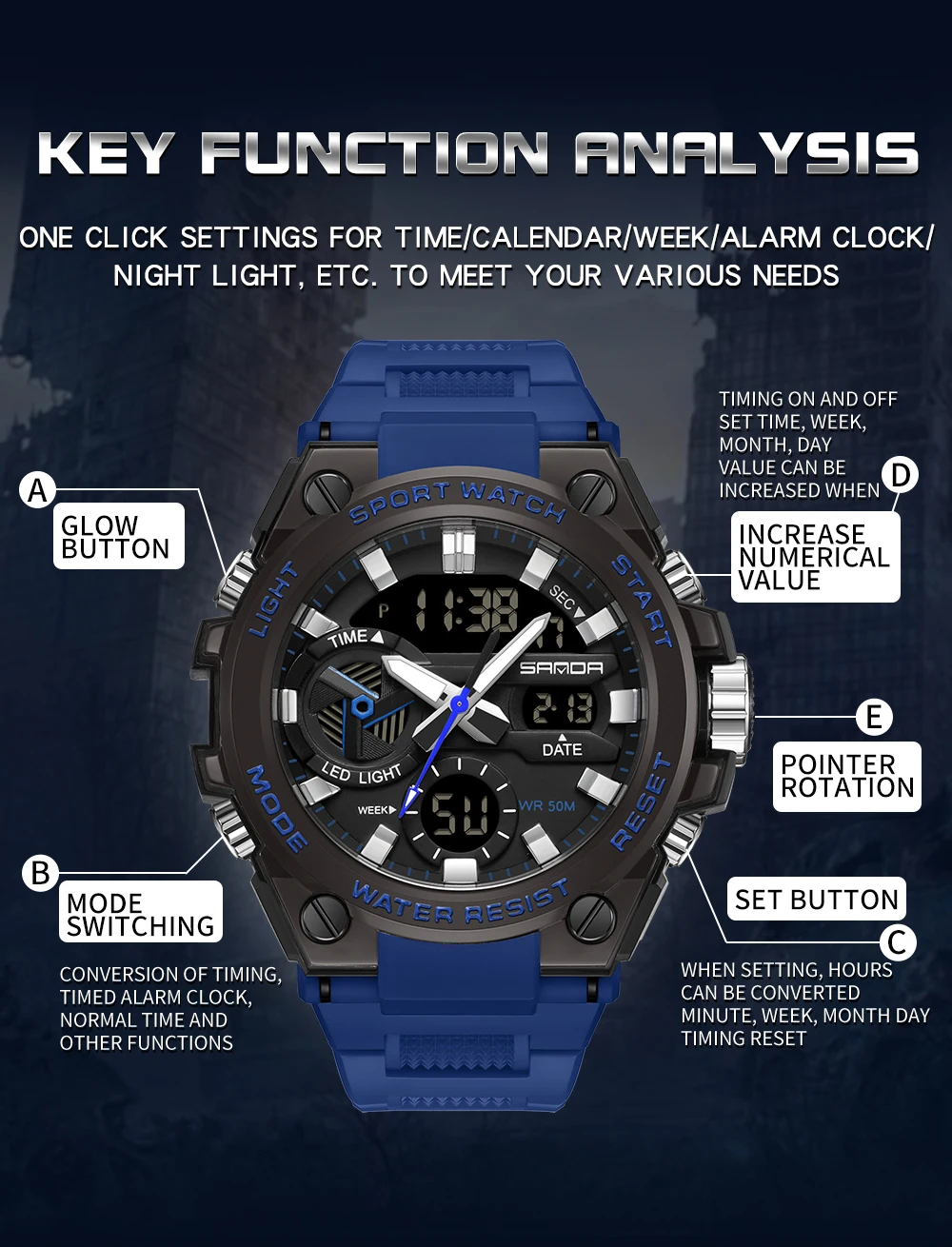 Waterproof Electronic Watch Digital Wristwatches SANDA 3311 Male Student Youth Fashion Trend Military Multifunctional Nightlight