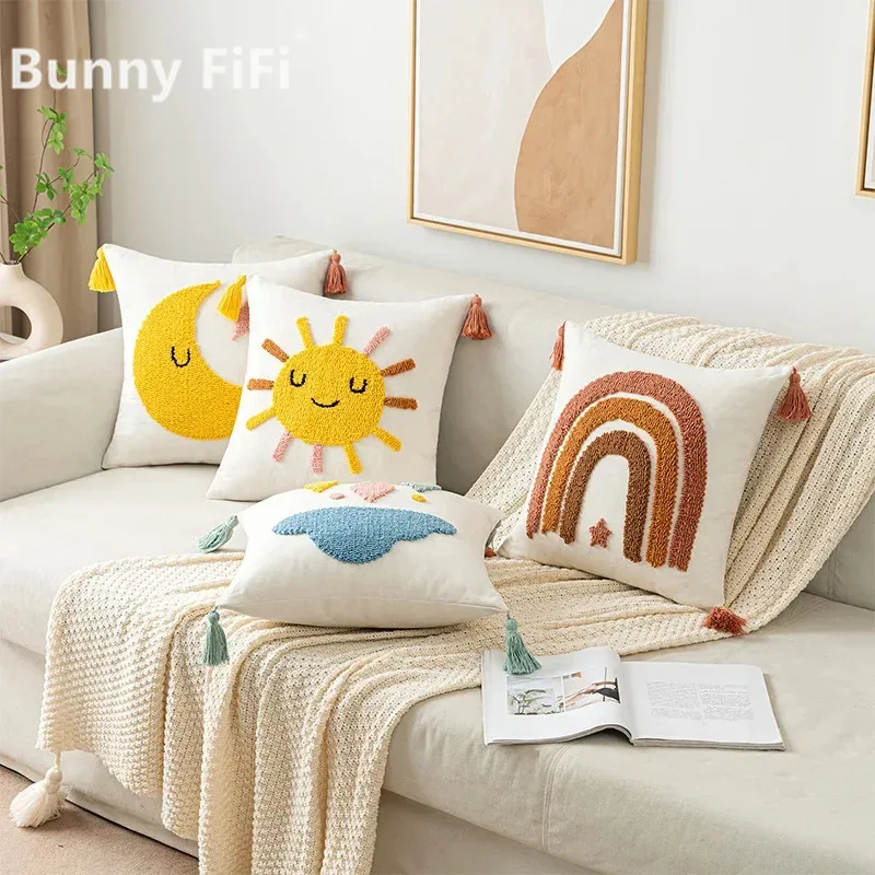 

Декоративная наволочка в стиле бохо с вышивкой, желтая Радуга, звезда, луна, петля, кисточки, наволочка 45x4 5 см