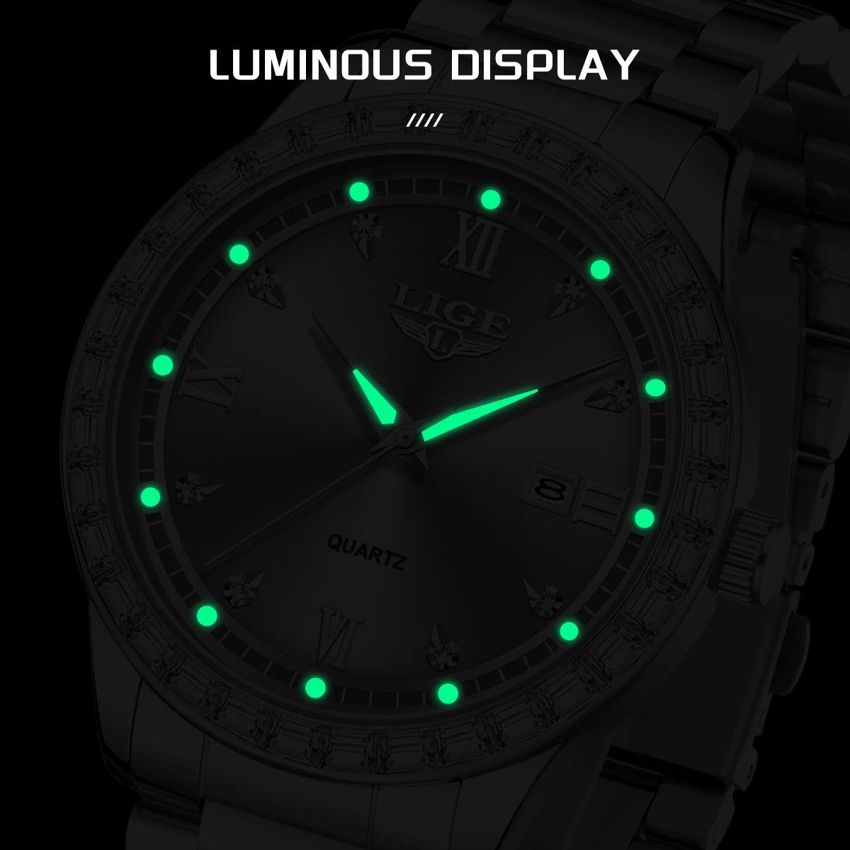 LIGE Men Watch Waterproof Diamond Luxury Luminous Calendar Quartz Wristwatch For Men Stainless Steel Fashion Business Watch Men