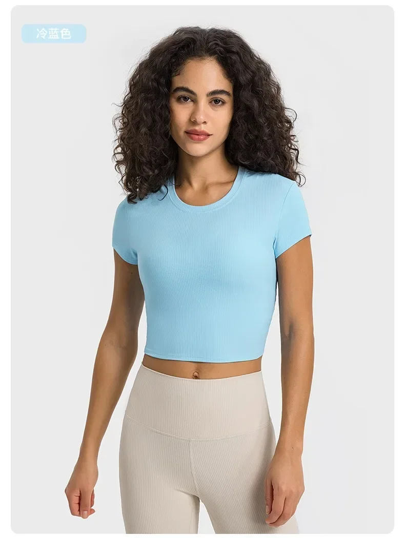 Lemon Women's Crew Neck Ribbed Crop Tops Short Sleeve Strong Stretch Yoga Shirts Summer Slim Gym Clothing for Street Girls