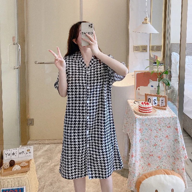 Summer Soft Silk Nightgown Half Sleeve Grid Zebra Cow Stria Printing Homedress Leisure Satin Nightdress For Women Shirt Skirt