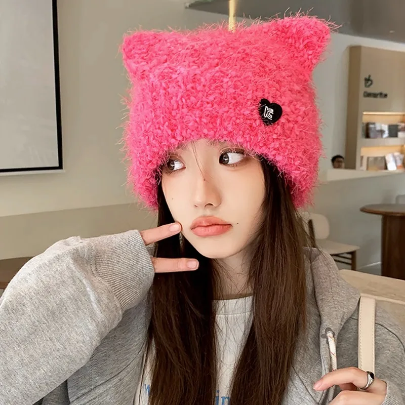 

New Korean Cute Cat Ear Plush Knitted Hat Fashion Street Versatile Warm Ear Protection Skull Beanie Bonnet for Men and Women