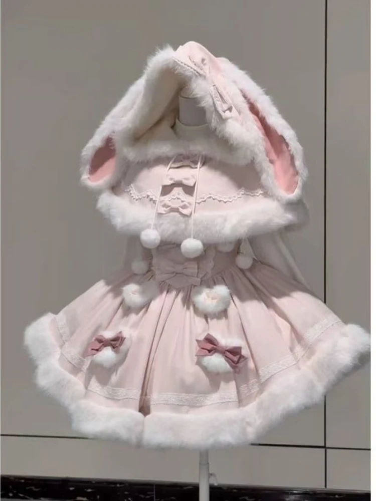 Harajuku Sweet Kawaii Winter 2 Piece Set Women Design Rabbit Ear Cloak Coat + Pink Strap Skirts Japanese Cute Bow Lovely Outfits