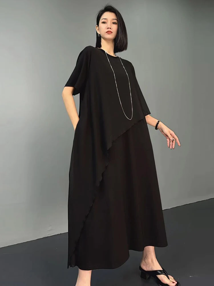 

Асимметричное платье XITAO в стиле пэчворк с карманами, однотонный пуловер с круглым вырезом и коротким рукавом, свободное модное платье, Новинка лета 2024, WLD20154