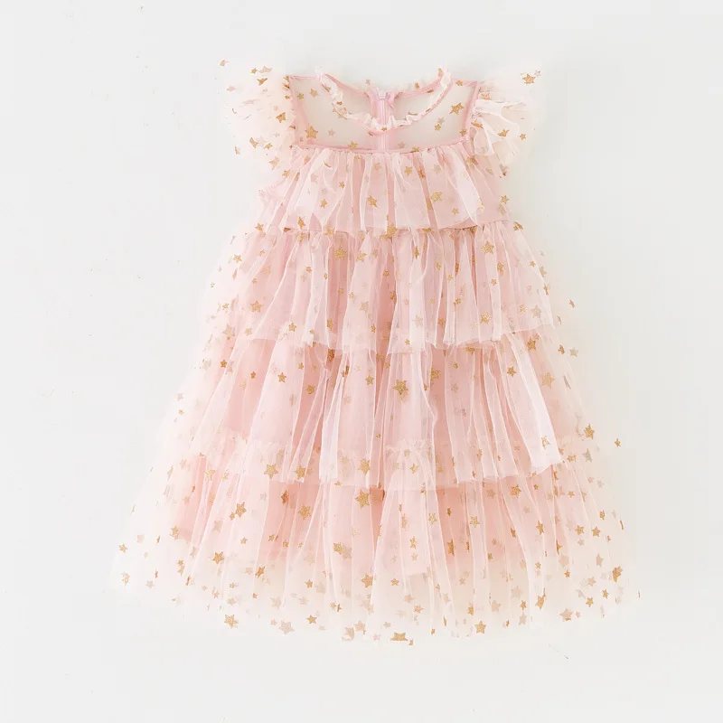 Girls Dress Tulle Fairy Princess Dresses Fly Sleeve Rainbow Star Sequined Cake Dress Children Birthday Party