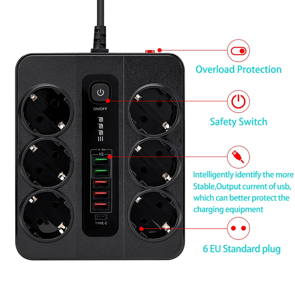 Power Strip 3000W 6 AC Outlets EU Plug USB Type C