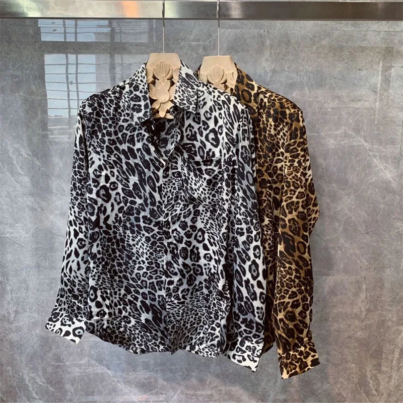 

Spring Autumn Polo-neck Personality Leopard Printed Shirt Male Long Sleeve Harajuku Y2K Streetwear Casual Fashion Blouse Top Men