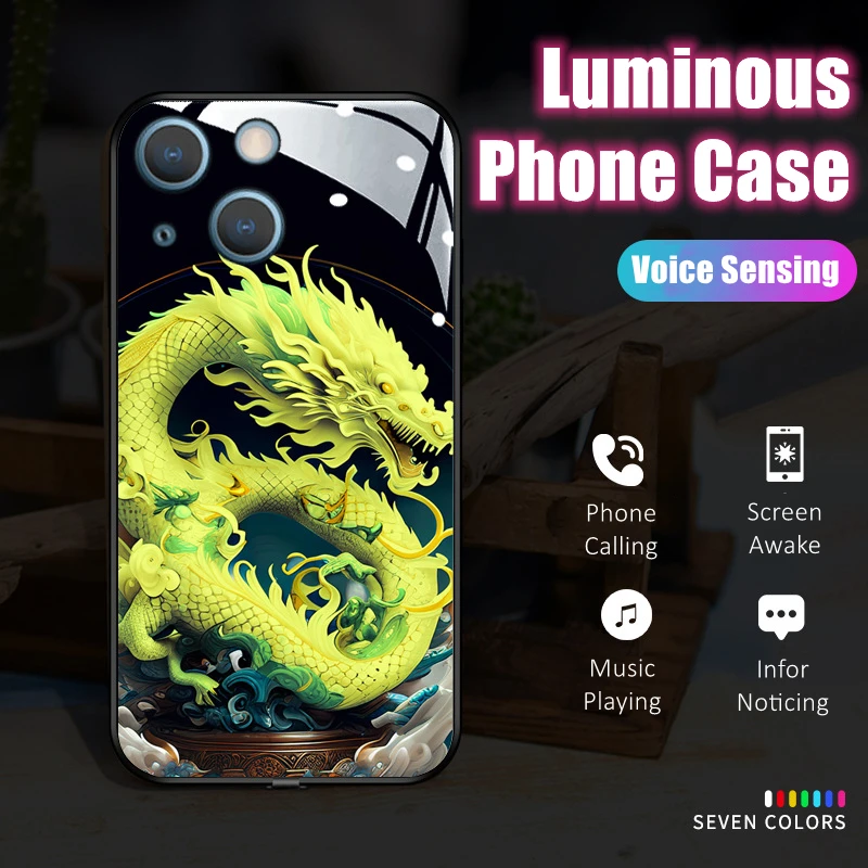 

Kylin and Dragon LED Light Glowing Luminous Tempered Glass Phone Case for iPhone 11 12 13 14 15 X Xs Xr Mini Pro Max Plus Cover