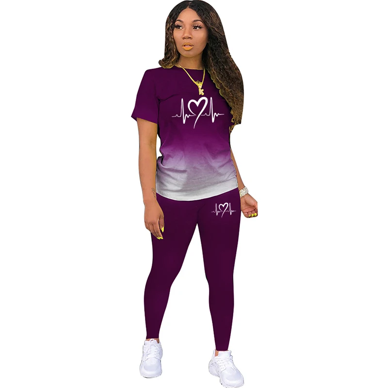 New Fashion Ladies Heartbeat Printed Tshirt Pant Two Piece Set Summer Sexy Outfits Women Shirt  Suit