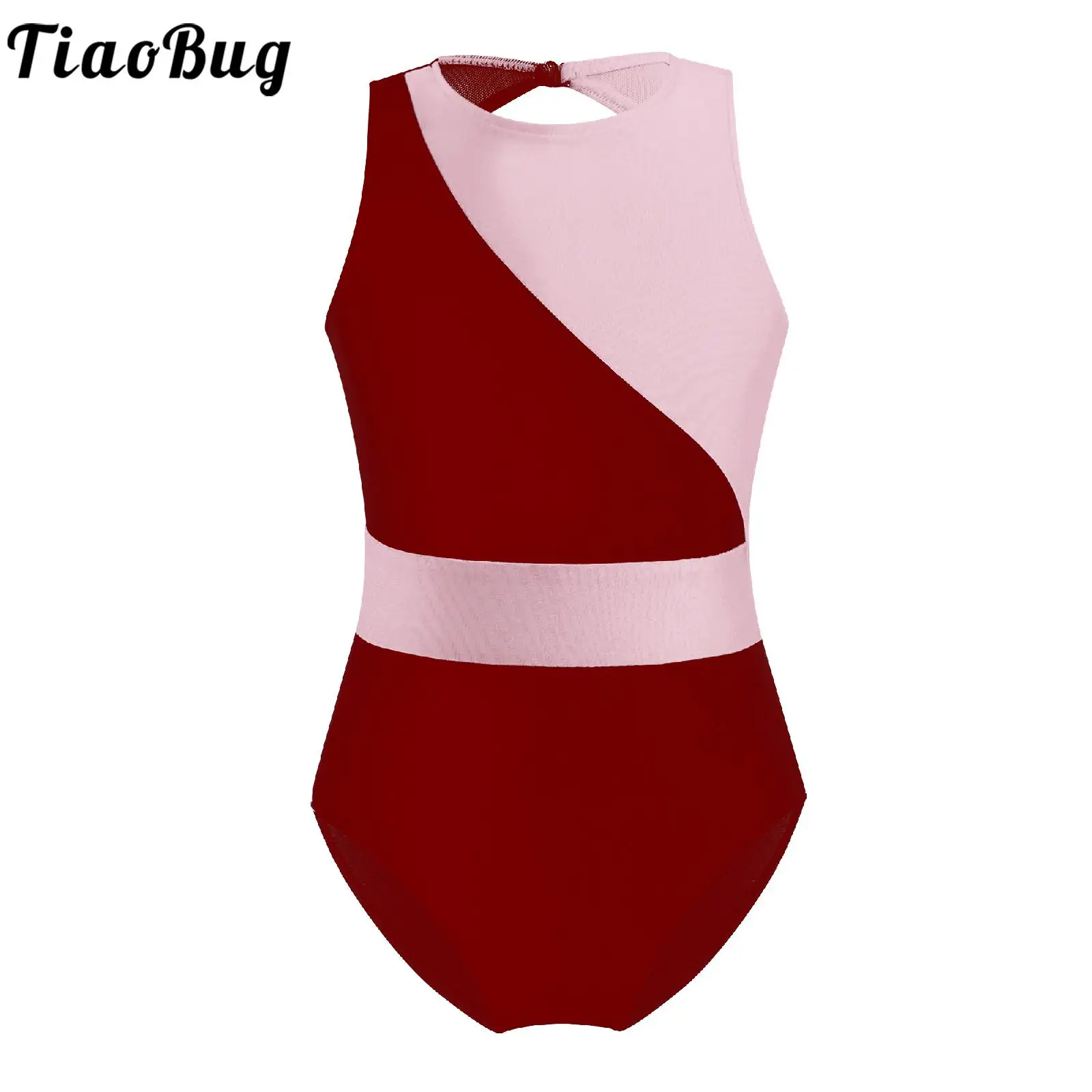 

Kids Girls Stylish Clothing Sleeveless Round Neckline Mesh Patchwork Hollow Back Contrast Color Ballet Dance Wear Leotards