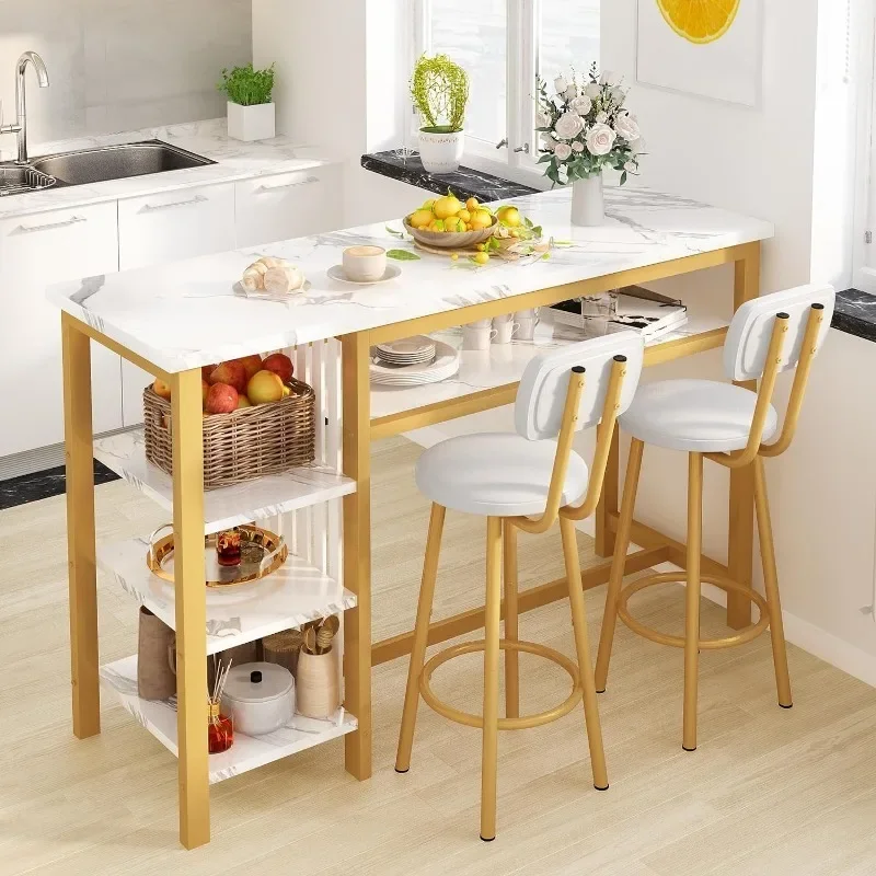 ZHENXIANG Faux Wood Drop Leaf Dining Table with Storage Rack, Space Saving Breakfast Nook Table Set with Chairs and Upholstered