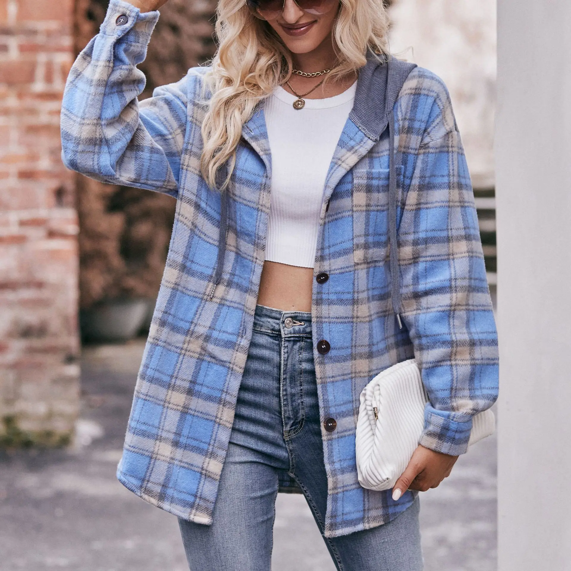 Women's 2023 Autumn and Winter New Flannel Plaid Jacket Hooded Casual Shirt Coats for Women