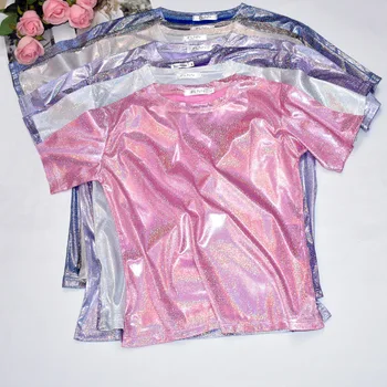 여성용 밝은 티셔츠, 실크 반짝이 플래시 반팔, 여성 타이드 빅 셔츠, 학생 얇은 반짝이 반사 패션 레이디 의류