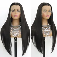 Perruque Lace Front Wig Synthétique HD Sans Colle, Cheveux Longs et Lisses, Noirs Naturels, Pre-Plucked, Fibre de Degré de Chaleur, pour Femme 2