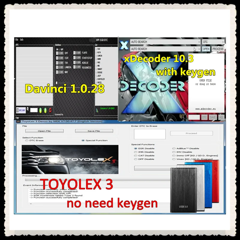 

Latest xDecoder 10.3 with Free Keygen+DAVINCI 1.0.28+TOYOLEX 3 DTC Remover DTC Remover 3 in 1 package Unlimited for many pcs