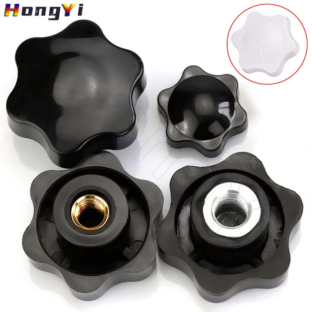 M4 M5 M6 M8 M10 M12 1/4" Plum Hand Tighten Nuts 6 Star Blind Hole Clamping Knob Black/White Plastic Thumb Nuts Screw-On Handle
