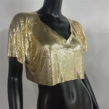 Glitter Chainmail Short Sleeve V Neck Top 33