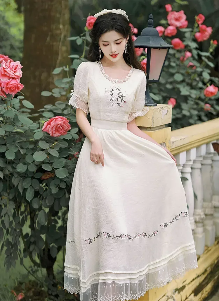 French Sleeve Dress Flower Embroidery 【公式通販】