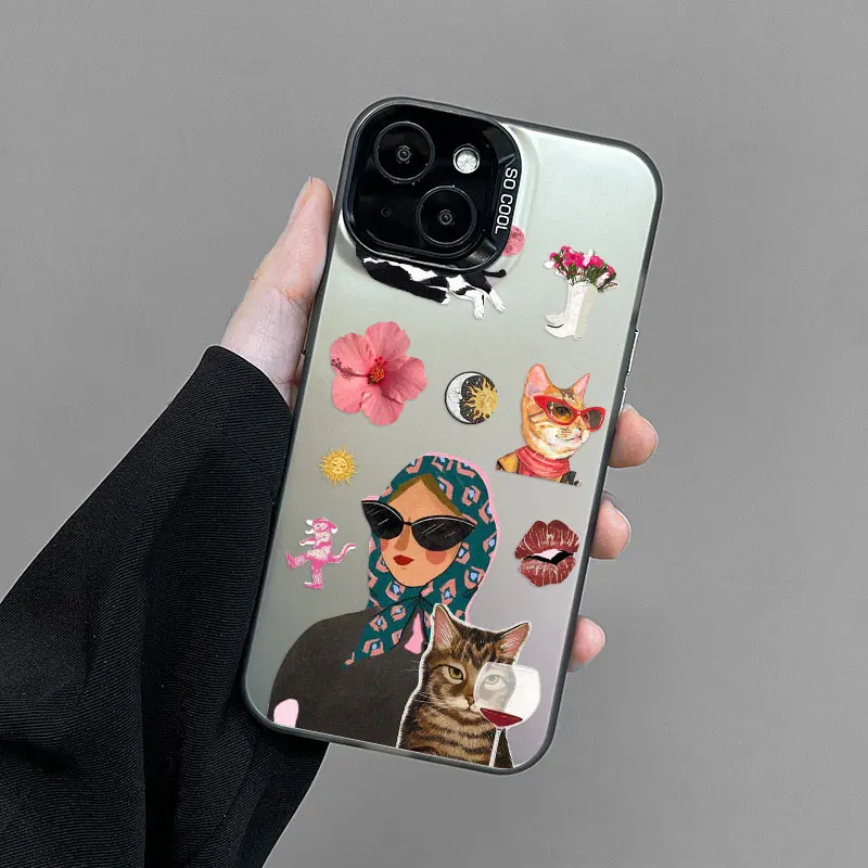Kopftuch Frauen Und Cartoon Nette Katze Muster Telefon Fall Für Samsung S25 S24 S23 S22 Ultra Plus S21 S23 S24 FE Laser Abdeckung Fundas – Detail 10