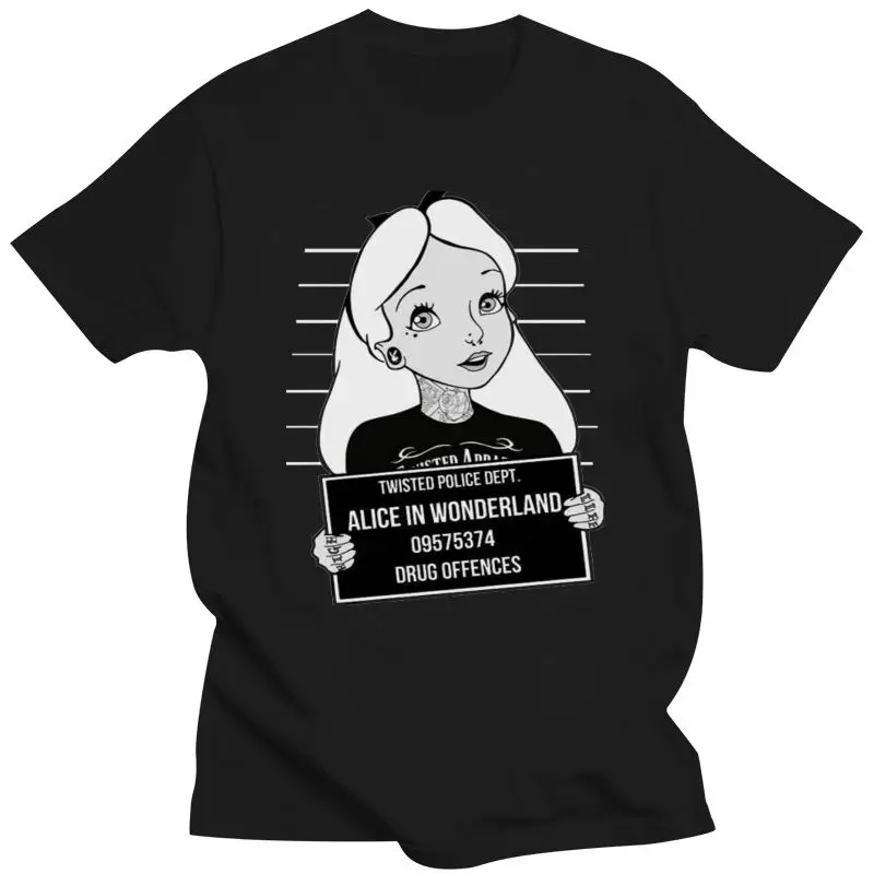 

2022 Twisted Punk Alice In Wonderland Mugshot T Shirt Top Gothic Emo Tattoo Men Women Unisex Fashion Tshirt