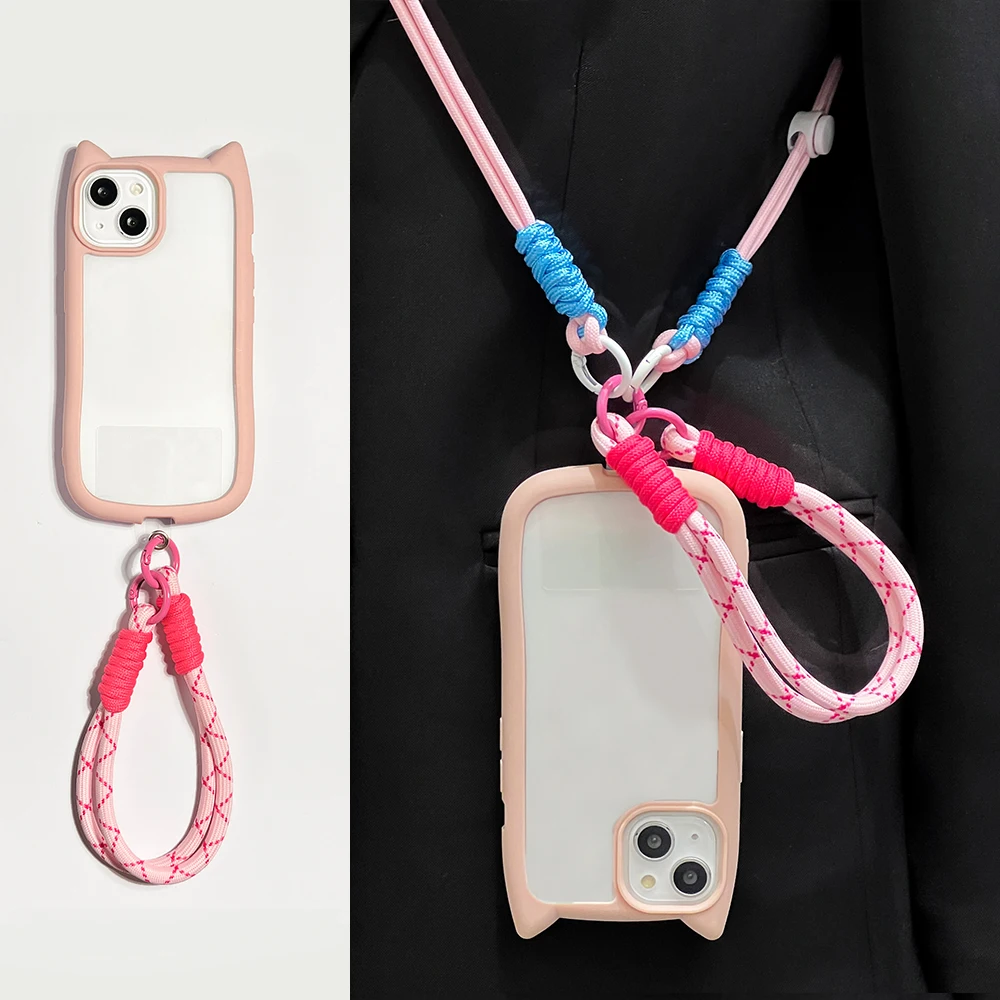 Crossbody Strap Lanyard Cute Cat Ears Silicone Phone Case For iPhone 14 11 13 12 15 16 Pro Max XR XS Max X Soft Protective Cover