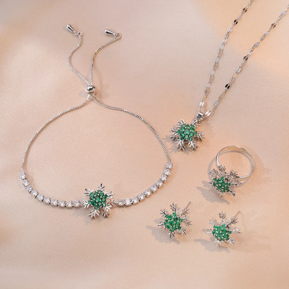 

4pcs Trendy Shiny Synthetic Zircon Jewelry Set,Bracelet,Necklace, Earrings,Ring ,Elegant Snowflake Jewelry,Valentine's Day Gift