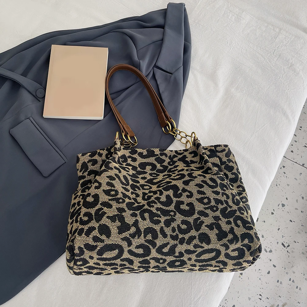 Women Shoulder Bag Leopard Print Canvas Handbag Multi-Pockets Underarm Bag for School Work Shopping
