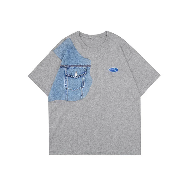 

Футболка мужская оверсайз, Модная Джинсовая рубашка, Цвет Джинсовый, в стиле пэчворк, летний сезон