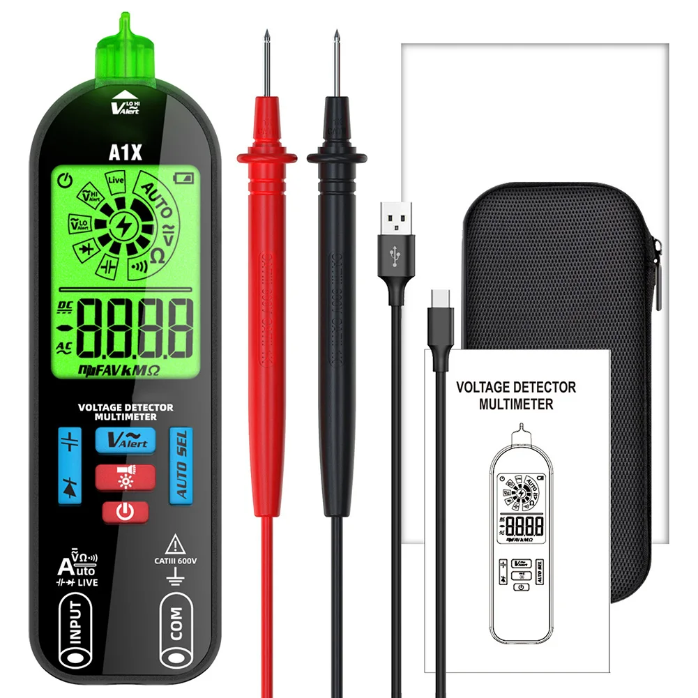 

A1X USB Charge Digital Smart Multimeter True RMS DC AC Voltage Tester Capacitance Ohm Hz Diode Hz Continuity NCV Live Test