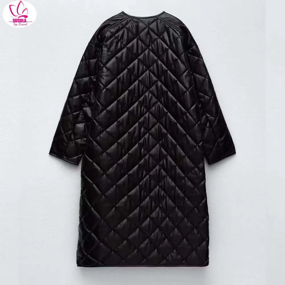 

SUSOLA Lady Winter Vintage Warm Black Leather Coat Female Casual Loose Streetwear Long Sleeve Parkas Midi Outwear Jacket
