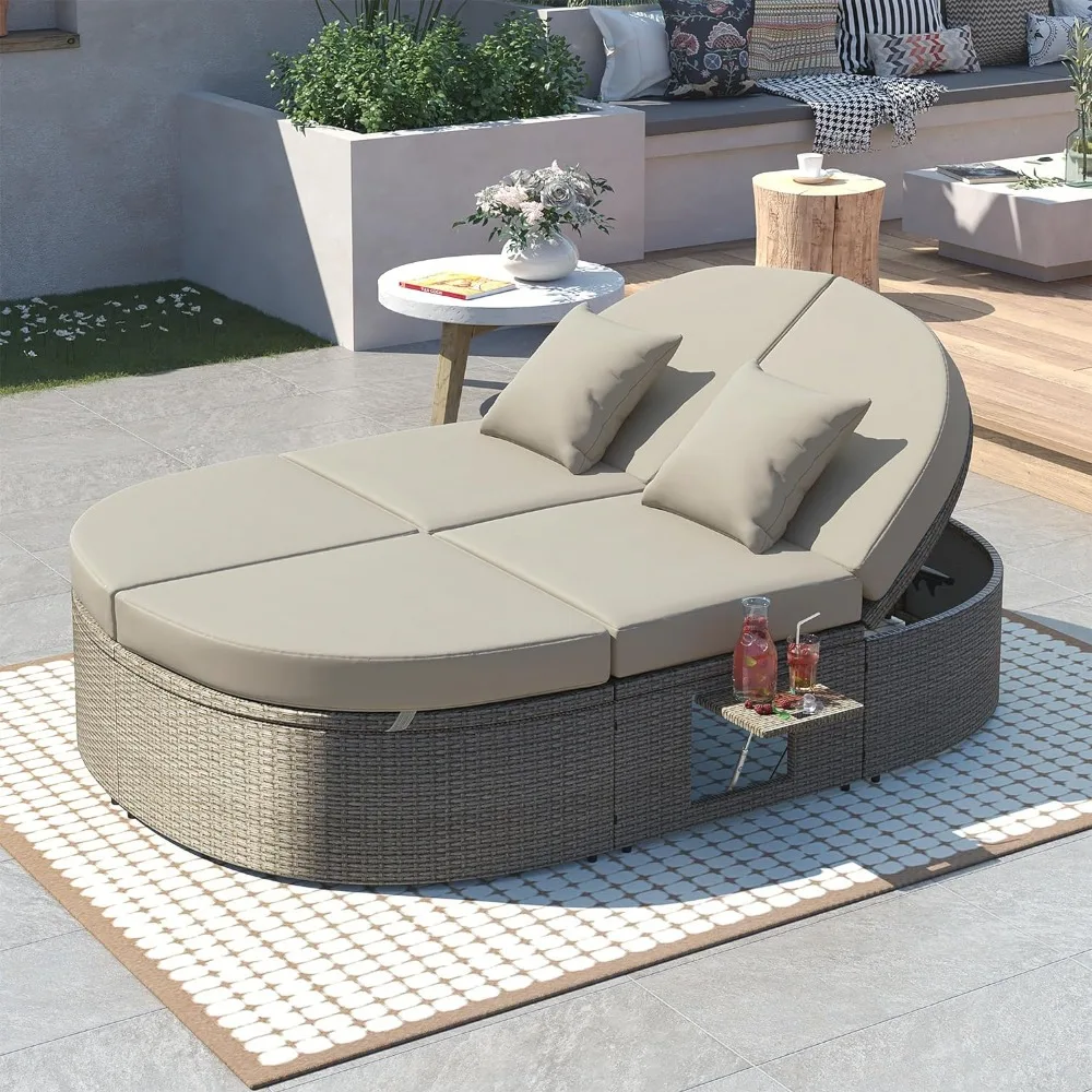 

Outdoor Sun Bed Patio 2-Person Daybed with Cushions and Pillows, Adjustable Backrests and Foldable Cup, Outdoor Double Reclining