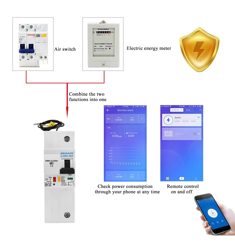 RS485 스마트 홈용 알렉사 및 구글 홈과 호환되는 에너지 모니터링 기능이 있는 1P WiFi 스마트 회로 차단기
