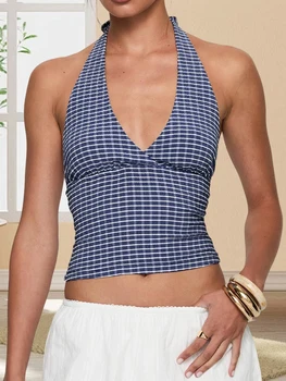 Stylish Plaid Sleeveless Halter Neck Tank Top with Open Back Design for Women s Summer Party Outfits 4