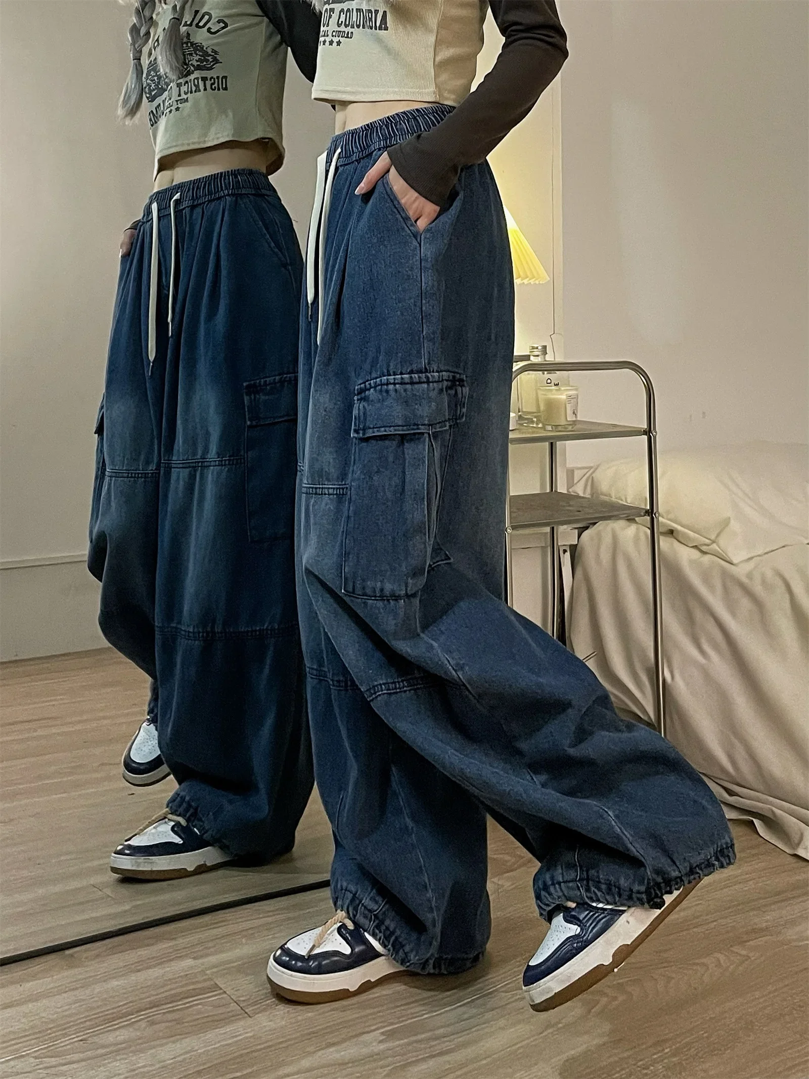 Vintage Blue Cargo Jeans Women Baggy Denim Pants Oversized Y2K